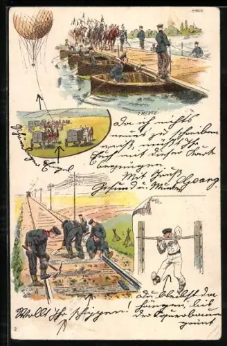 Künstler-Lithographie O. Merte: Soldaten auf Booten, beim Turnen und beim Verlegen von Schienen