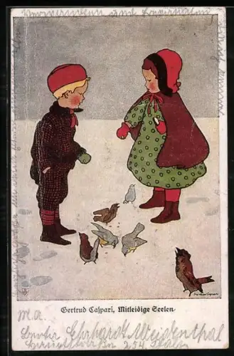 Künstler-AK Gertrud Caspari: Mitleidige Seelen, Kinder füttern Vögel im Winter