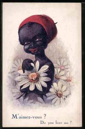 Künstler-AK Afrikanisches Mädchen mit Blume im Arm, M`aimez-vous?