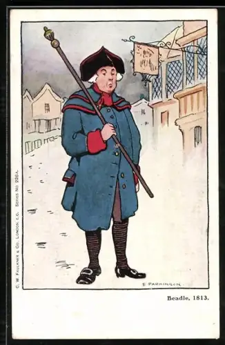 Künstler-AK Ethel Parkinson: Mann im blauen Mantel und mit einem Stab stapft durch den Schnee