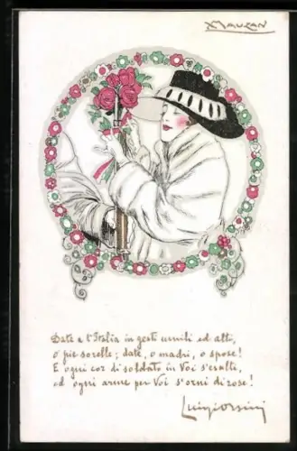 Künstler-AK Mauzan: Date a l`Italia in gesti..., Dame mit Rosen