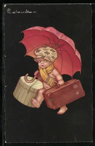 Künstler-AK E. Colombo: Unbekleidetes Kind mit Reisekoffer, Regenschirm und Karton