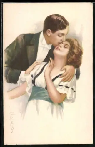 Künstler-AK E. Colombo: Mann im Frack küsst eine Frau auf die Stirn