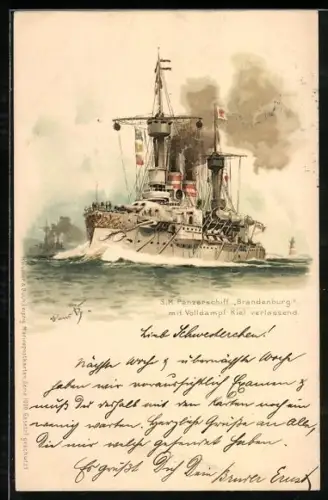 Künstler-AK Hans Bohrdt: S.M. Panzerschiff Brandenburg, Kiel verlassend