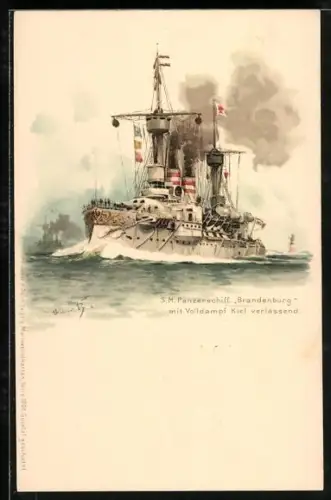 Künstler-AK Hans Bohrdt: S.M. Panzerschiff Brandenburg, Kiel verlassend