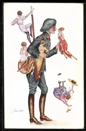 Künstler-AK Xavier Sager: Bewaffneter Mann in hohen Stiefeln wird von kleinen Frauen umschwärmt, eine fällt von ihm ab