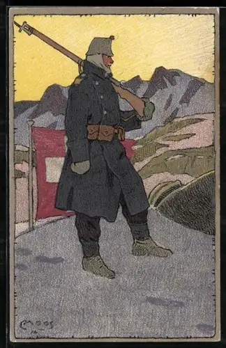 Künstler-AK Carl Moos: Schweizer Soldat in Uniform mit Gewehr