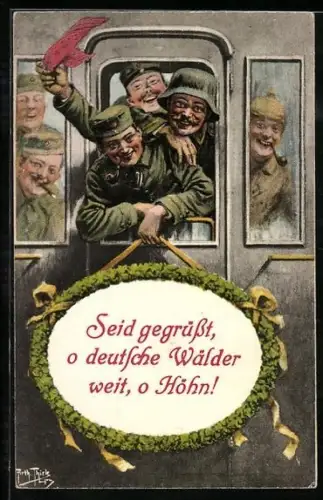 Künstler-AK Arthur Thiele: Nach der Heimat ! - Soldaten schauen aus dem Zugabteil