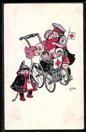 Künstler-AK Heinrich Zille: Schwester vom roten Kreuz kümmert sich um Babys