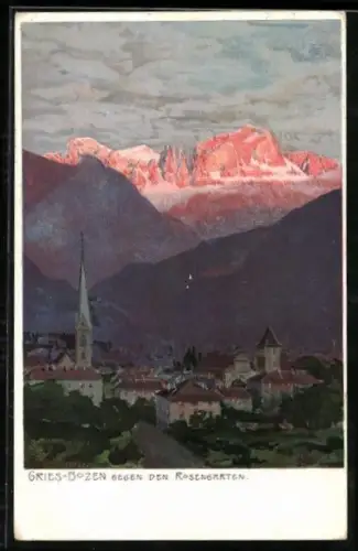 Künstler-Lithographie Zeno Diemer: Bozen-Gries, Gesamtansicht gegen den Rosengarten