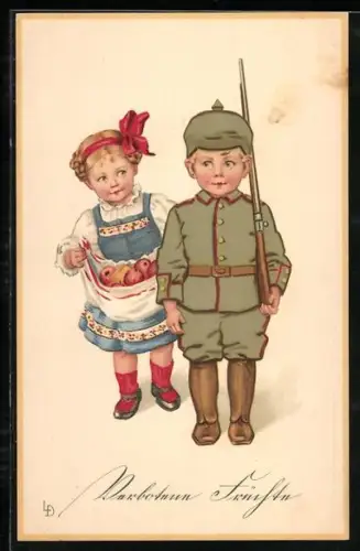 Künstler-AK Lia Döring: Blonder Kindersoldat mit Gewehr, Mädchen mit Apfelschürze