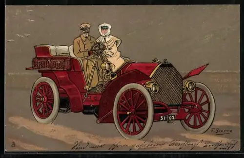 Künstler-AK T. Bianco: Pärchen in einem frühen Automobil