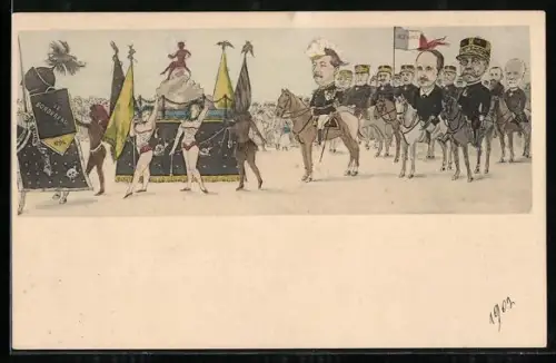 Künstler-AK T. Bianco: Parade mit leichtbekleideten Frauen und karikierten französischen Militärs und Politikern