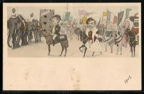 Künstler-AK T. Bianco: Parade mit Elefanten und karikierten französischen Militärs und Politikern