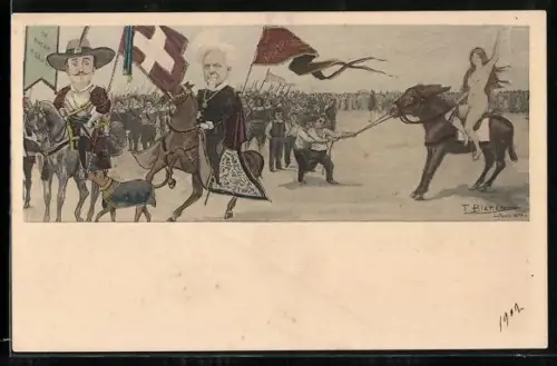 Künstler-AK T. Bianco: Politische Karikatur, Nackte Frau auf einem Esel und ein Heer