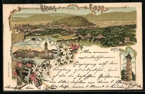 Lithographie Graz, Schlossberg u. neue Brücke, Hilmwarte, Gesamtansicht