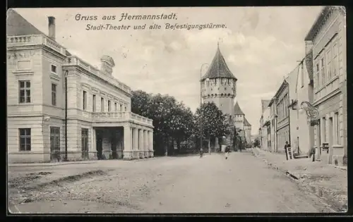 AK Hermannstadt, Stadttheater und alte Befestigungstürme