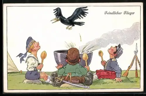 AK Ein Vogel lässt seine Ausscheidungen in den Kochtopf von drei kleinen Soldaten fallen