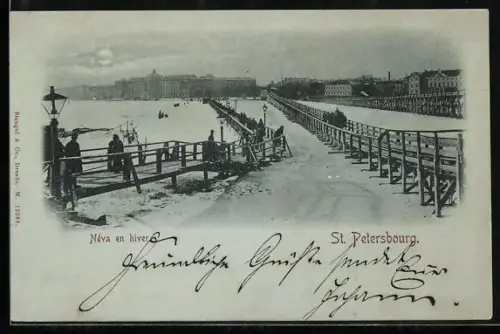 Mondschein-AK St. Petersbourg, Néva en hiver