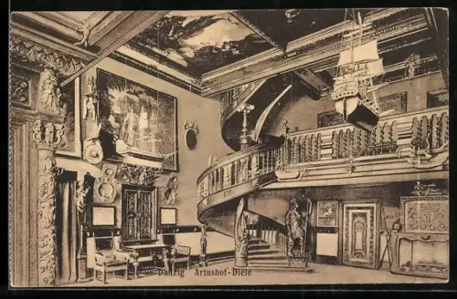 AK Danzig / Gdansk, Blick in die Diele des Artushofs