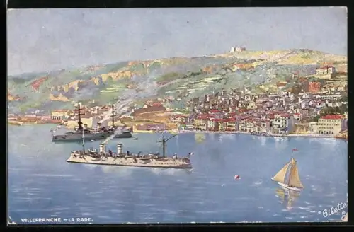 Künstler-AK Raphael Tuck & Sons Nr. 225 B: Villefranche, la Rade, Totale mit Kriegsschiffen