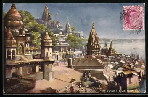 Künstler-AK Benares, The Burning of Ghat