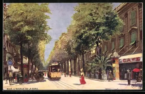Künstler-AK Nice, L`Avenue de la Gare, Strassenbahn
