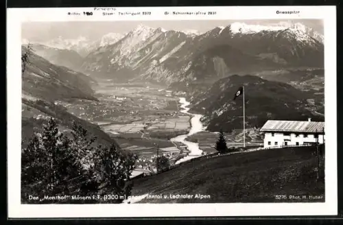 AK Mösern i. T., Der Menthof gegen Inntal und Lechtaler Alpen, flagge