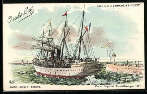 Künstler-AK Chocolat Louit, Navires anciens et Modrenes, Grand Paquebot Transatlantique 1887