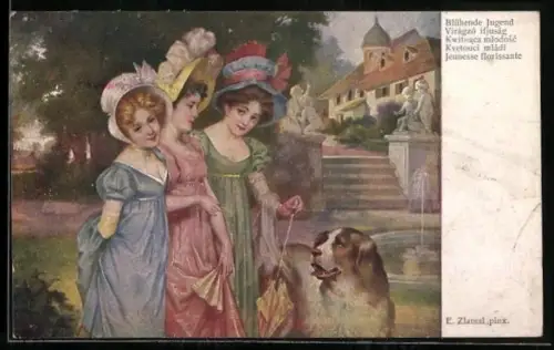 Künstler-AK sign. E. Zlamal: Blühende Jugend, feine Damen in Begleitung eines Hundes