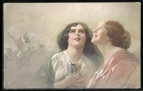 Künstler-AK Italienische Soldaten im Angriff, Junge Damen beten für ihre Soldaten