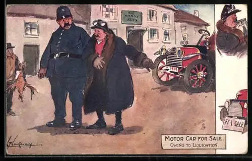Künstler-AK L. Thackeray: Motor Car for Sale, Owing to Liquidation, Polizist begleitet einen Herrn auf der Strasse