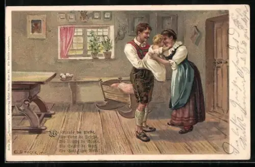 Künstler-AK E. Döcker: Glückliches Paar mit ihrem Neugeborenen