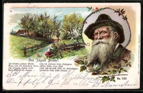 Lithographie Liedkarte Des Jägers Klage mit Porträt eines Jägers