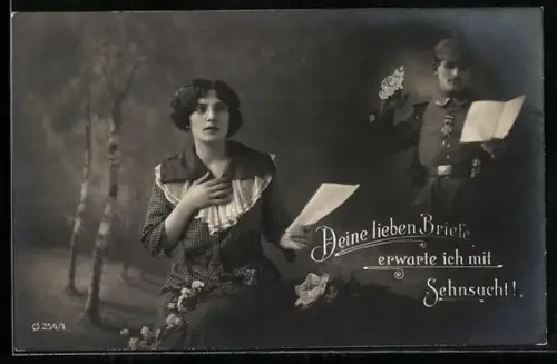 AK Deine lieben Briefe erwarte ich mit Sehnsucht!, Soldat und seine Geliebte bleiben in Kontakt