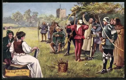 Künstler-AK Old English Sports, Archery, Bogen- und Armbrustschiessen