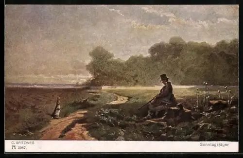 Künstler-AK Carl Spitzweg: Sonntagsjäger sitz mit Gewehr am Wegrand, Hase schaut ihn an
