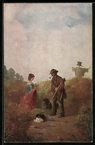 Künstler-AK Carl Spitzweg: Jäger mit Frau an einer Vogelscheuche