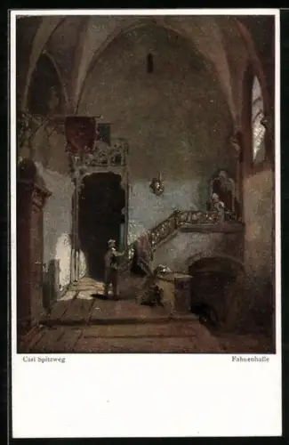 Künstler-AK Carl Spitzweg: Fahnenhalle, Frau auf Treppe blickt zu Mann hinab