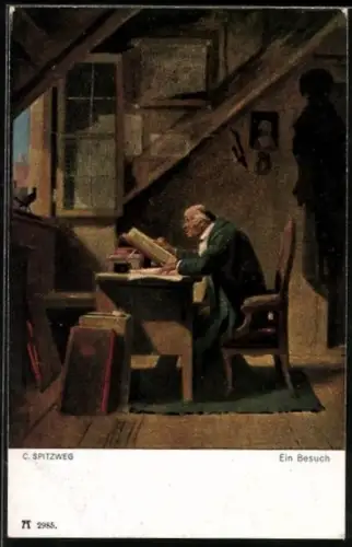 Künstler-AK Carl Spitzweg: Ein Besuch, Vogel auf Fensterbank