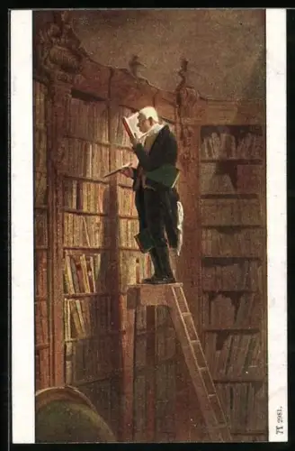 Künstler-AK Carl Spitzweg: Der Bücherwurm, auf einer Leiter vor riesigem Bücherregal stehend