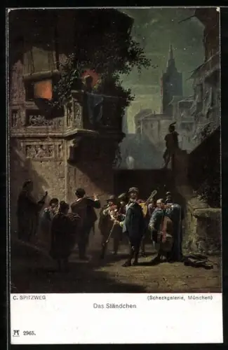 Künstler-AK Carl Spitzweg: Das Ständchen, bei Nacht musizierende Männer