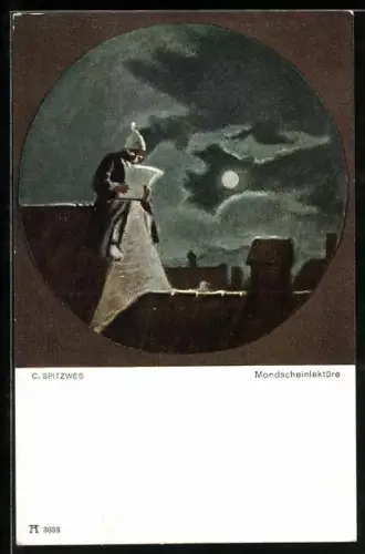 Künstler-AK Carl Spitzweg: Mondscheinlektüre, Mann mit Schläfmütze sitzt bei Nacht auf dem Dach und liest Zeitung
