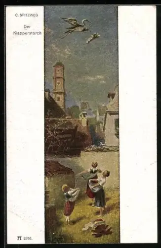 Künstler-AK Carl Spitzweg: Frauen halten ihre Röcke dem Klapperstorch mit Baby hin