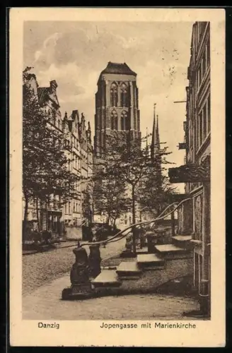 AK Danzig-Gdansk, Jopengasse mit Marienkirche