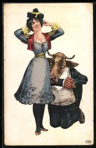 AK Neben Frau kniender Mann mit Ochsenkopf