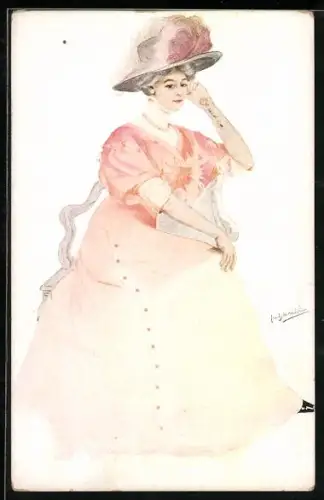 Künstler-AK sign. Franz M. Melchers: In Gedanken, Frau im Kleid