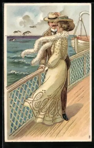 AK Liebespaar steht an der Reling, Gedicht Ob du mich liebst