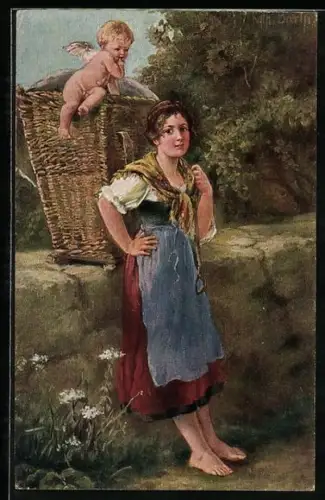 Künstler-AK K. Barth: Gefährliche Bürde, Amor auf dem Korb einer jungen Frau