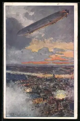 Künstler-AK Themistokles von Eckenbrecher: Antwerpen, Zeppelin überfliegt den bombadierten Ort
